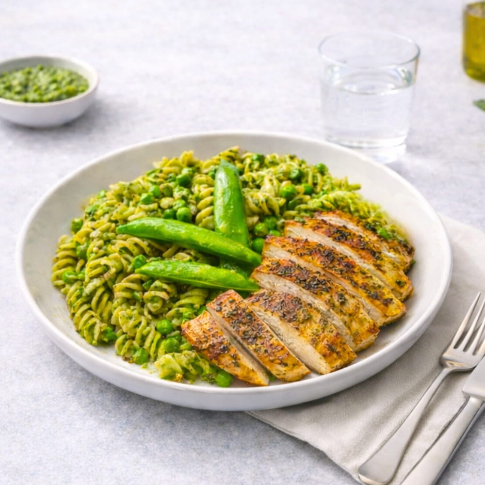 Maträtt Pestokyckling med pasta & sockerärtor